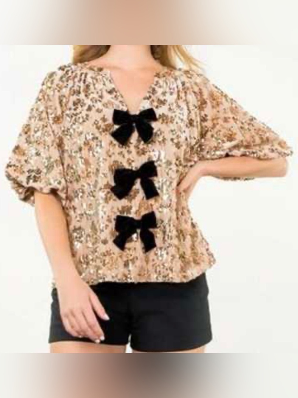 THML Sparkly Sequin Velvet Bow Puff Balloon Sleeve Fun Statement Top Coquette XS